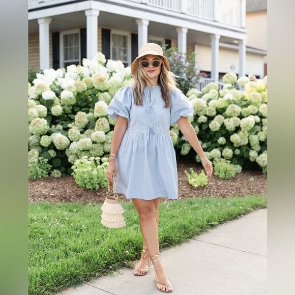 H&M TIE-DETAIL PUFF-SLEEVED DRESS - Picture 6 of 6